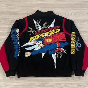 Vintage JH Designs Superman Embroidered Nascar Jacket Boys Youth Size Large 9-10